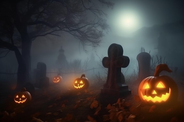 Citrouilles d'Halloween dans un cimetière au clair de lune Jack O Lanterns sur un cimetière dans la nuit brumeuse