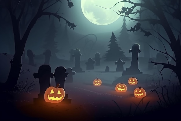 Citrouilles d'Halloween dans un cimetière au clair de lune Jack O Lanterns sur un cimetière dans la nuit brumeuse