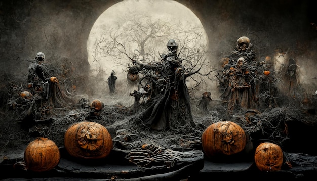 Citrouilles d'Halloween dans un cimetière effrayant. illustration réaliste du festival d'halloween.