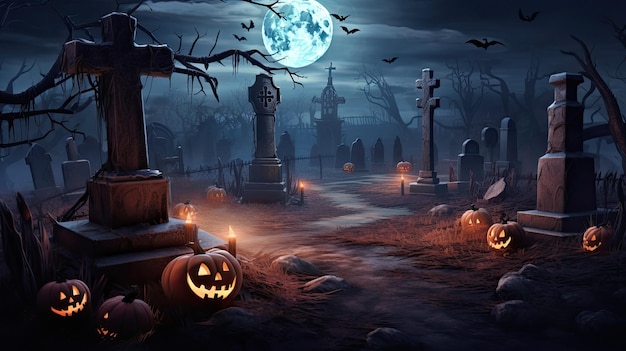 Des citrouilles d'Halloween dans un cimetière avec une lune pleine derrière elles.