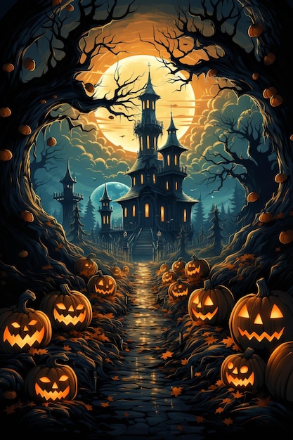 Citrouilles d'Halloween dans une forêt fantasmagorique avec un château en arrière-plan ai générative