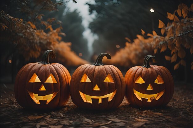 Des citrouilles d'Halloween dans la forêt la nuit Le concept d'Helloween est génératif