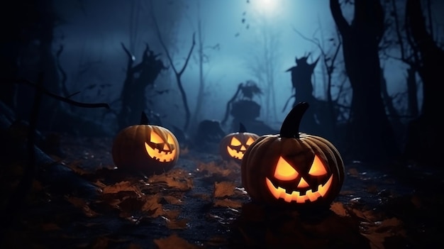 Citrouilles d'Halloween dans la forêt de nuit Jackolanterns Fond de vacances d'Halloween