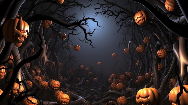 citrouilles d'Halloween dans une forêt sombre