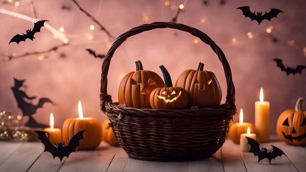 Photo des citrouilles d'halloween dans un panier sur un fond en bois avec des chauves-souris