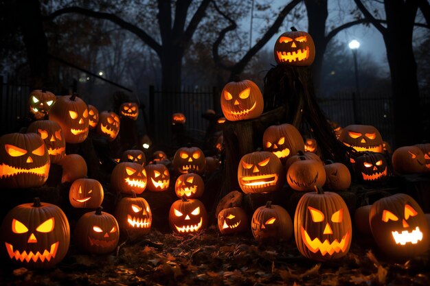 Des citrouilles d'Halloween dans le parc la nuit avec des visages effrayants