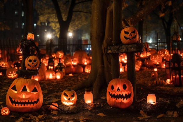 Citrouilles d'Halloween dans le parc la nuit avec des visages effrayants