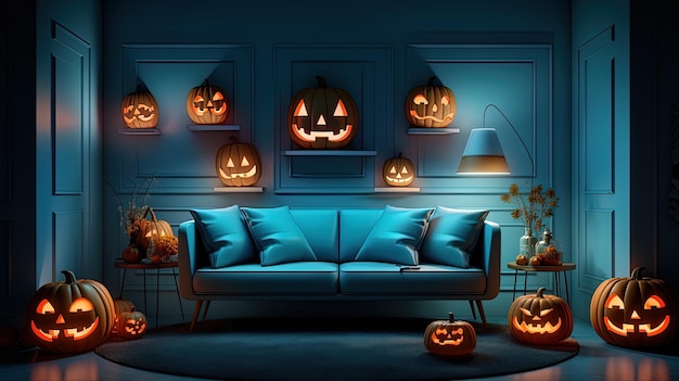 Des citrouilles d'Halloween dans une pièce avec un mur bleu.