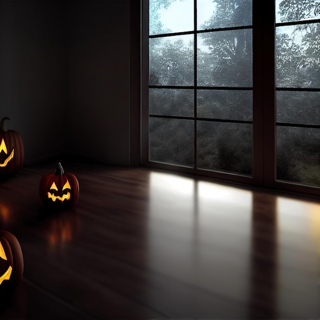 Des citrouilles d'Halloween dans une vieille maison illustration 3D