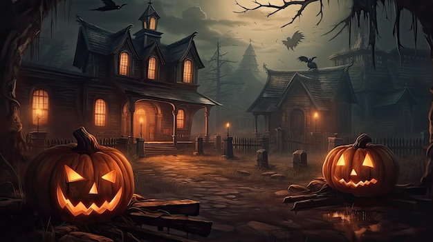 Citrouilles d'Halloween devant une maison avec une maison effrayante en arrière-plan