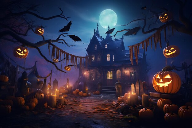 citrouilles d'Halloween devant une maison avec une pleine lune derrière elle.