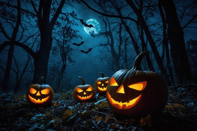Des citrouilles d'Halloween effrayantes brillant dans la forêt