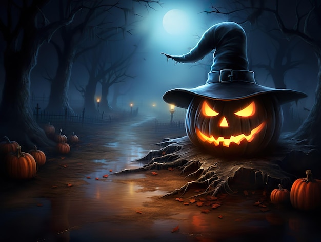 Des citrouilles d'Halloween effrayantes dans un chemin sombre