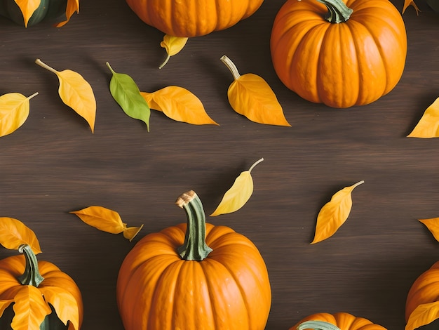 Des citrouilles d'Halloween et des feuilles d'automne sur fond en bois