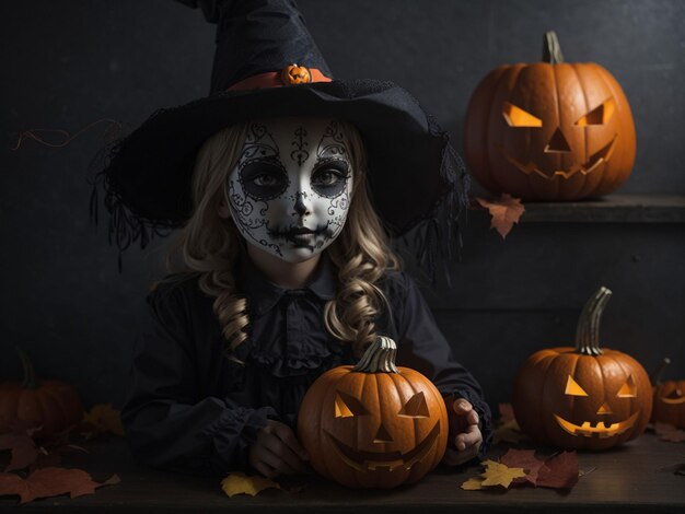 Des citrouilles d'Halloween avec une fille d'horreur et une maison