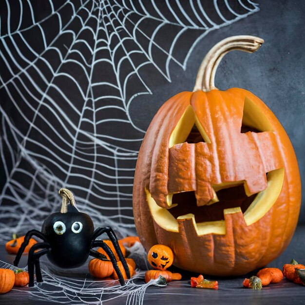 Citrouilles d'Halloween sur fond noir avec araignée et toile effrayantes