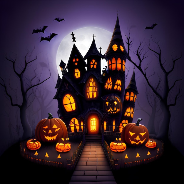 Les citrouilles d'Halloween de la forêt et du château effrayants nocturnes