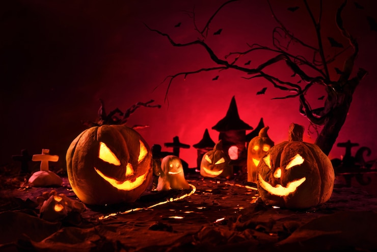Photo citrouilles d&#39;halloween de la forêt fantasmagorique nocturne et le château