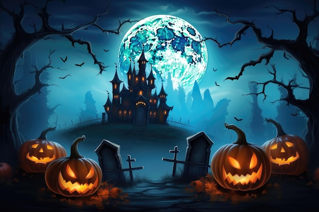 Citrouilles d'Halloween Jack o Lantern et château sombre sur fond bleu Lune