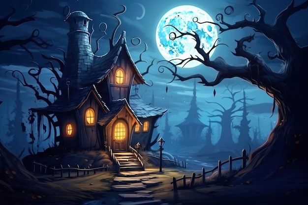 Citrouilles d'Halloween près d'un arbre dans un cimetière avec une maison effrayante Fond d'Halloween dans la forêt de nuit avec la lune et les chauves-souris