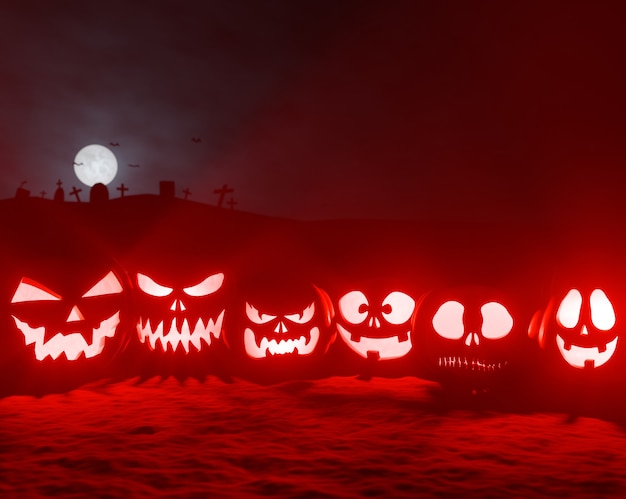 Photo citrouilles d'halloween rougeoyantes au rendu 3d du cimetière