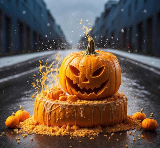 Les citrouilles d'Halloween sur la route Le concept d'halloween en 3D