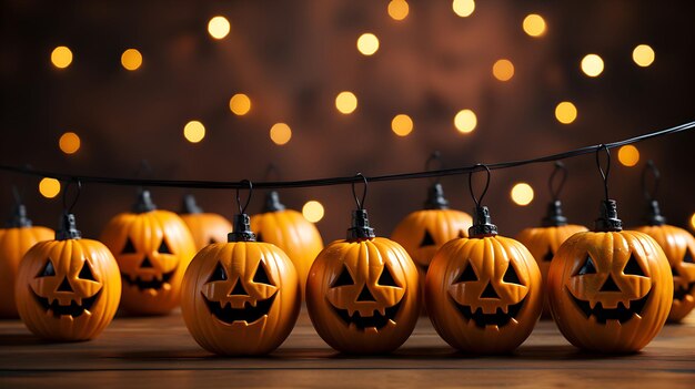 Des citrouilles d'Halloween sculptées sur la table Des citrouelles d'Helloween Jack O'Lanterns Modèle pour bannière