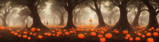 Les citrouilles d'Halloween se trouvent dans la forêt sous les arbres Panorama d'une forêt fabuleuse à la veille de l'illustration 3d d'Halloween