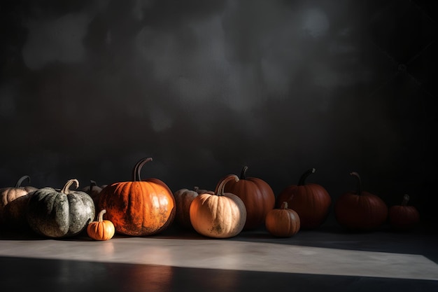 Citrouilles d'Halloween sur le sol avec espace de copie murale et ombres ai généré une image large