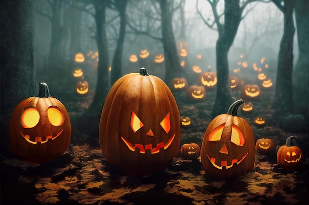 Citrouilles d'Halloween avec des sourires effrayants et des yeux brillants dans la forêt brumeuse la nuit Illustration numérique