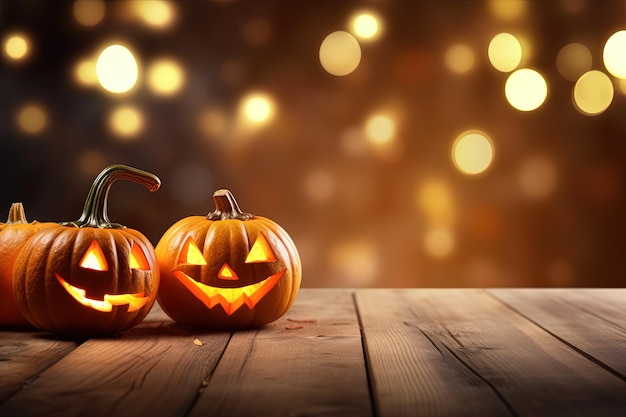 Citrouilles d'Halloween sur table en bois avec fond de lumières bokeh