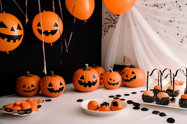 citrouilles d'halloween sur une table avec un fond noir et des ballons orange.