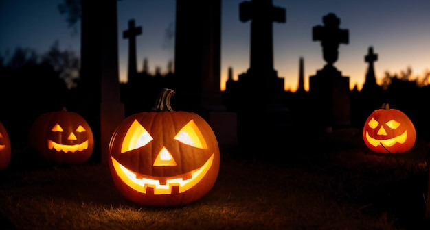 Des citrouilles d'Halloween avec des yeux brillants dans un cimetière la nuit.