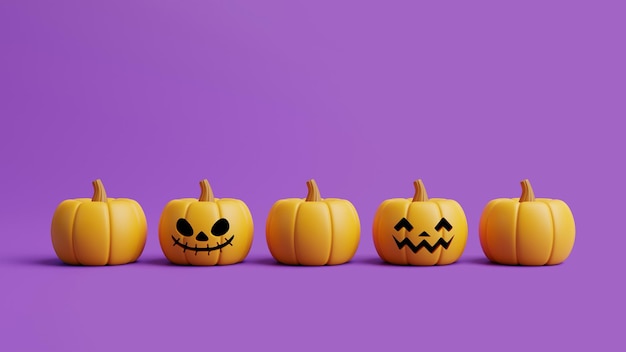 Citrouilles Jack o Lantern alignées sur fond violet Happy Halloween concept illustration de rendu 3D