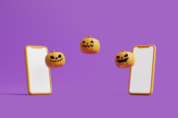 Citrouilles Jack o Lantern avec smartphone sur fond violet Modèle de vente Halloween rendu 3D