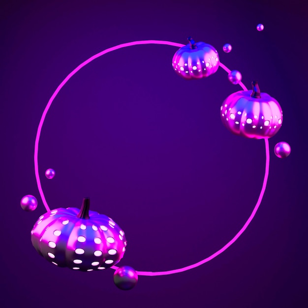 Citrouilles métalliques dans un éclairage au néon avec copie espace cercle Halloween fond