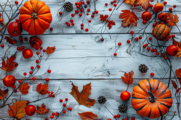 Des citrouilles miniatures se mêlent aux feuilles et aux baies d'automne sur un fond de bois blanc rustique évoquant l'essence de l'automne