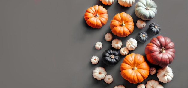 Citrouilles multicolores sur fond gris Espace de copie Concept de Thanksgiving