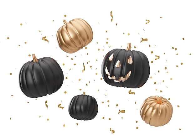 Citrouilles noires et dorées avec des confettis tombant isolés sur fond blanc Décoration d'Halloween Découper Élément de conception pour la publicité d'invitation de carte de voeux Joyeux Halloween rendu 3D