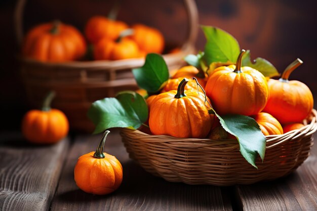 Des citrouilles orange dans un panier avec des feuilles vertes sur fond de bois