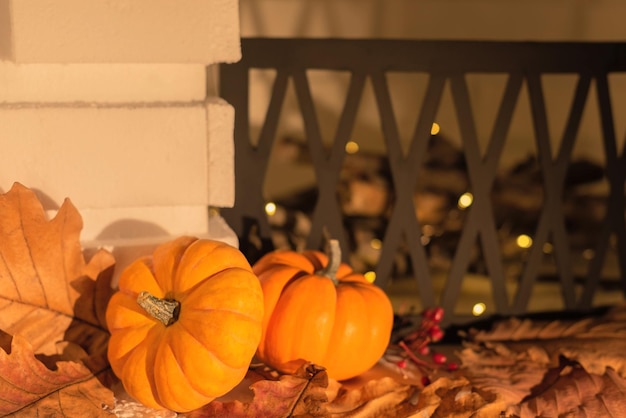 Citrouilles orange sur feuilles brunes contre foyer flou foyer sélectif automne concept halloween