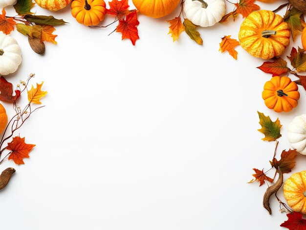 Des citrouilles orange, des feuilles d'érable, des cendres et une maquette de papier sur fond blanc. Bonjour à l'automne.