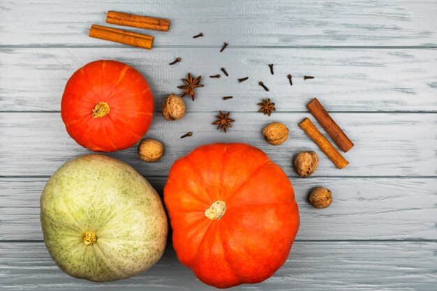 Photo citrouilles orange et vertes sur fond gris avec des épices place pour une inscription noix cannelle anis clous de girofle