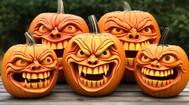 Photo citrouilles orange vif sculptées en citrouilles-lanternes au sourire méchant, idéales pour ajouter une touche effrayante à vos publications sur les réseaux sociaux d'halloween.