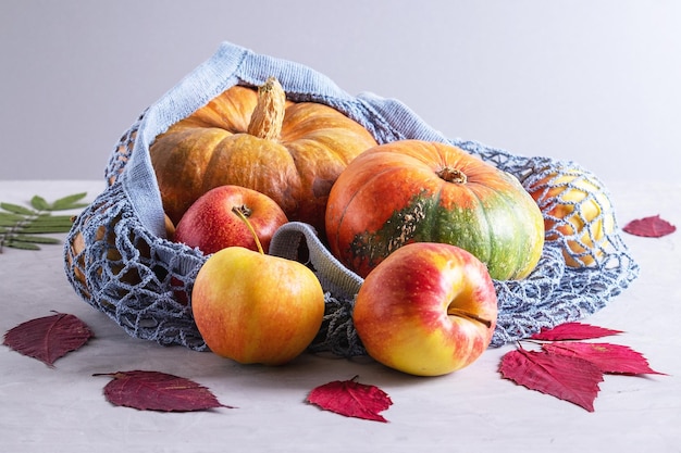 Citrouilles et pommes dans un sac en filet réutilisable respectueux de l'environnement