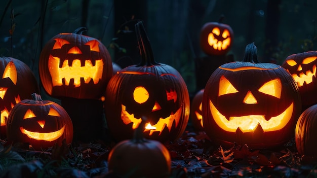 Des citrouilles sculptées illuminées avec différents visages maléfiques dans l'obscurité la nuit d'Halloween