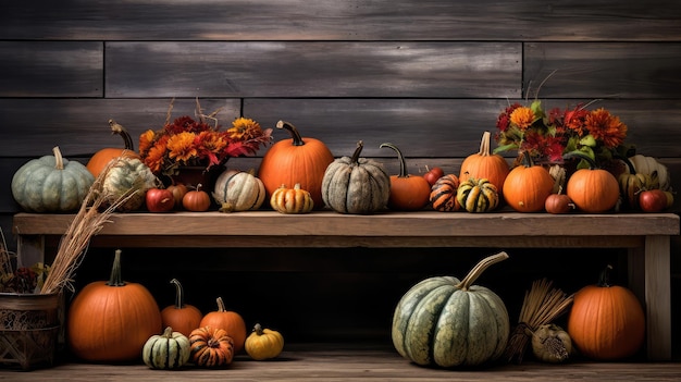 Citrouilles sur une table en bois rustique