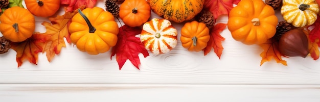 Citrouilles de Thanksgiving sur une surface en bois blanche recouverte de feuilles d'automne générées par l'IA