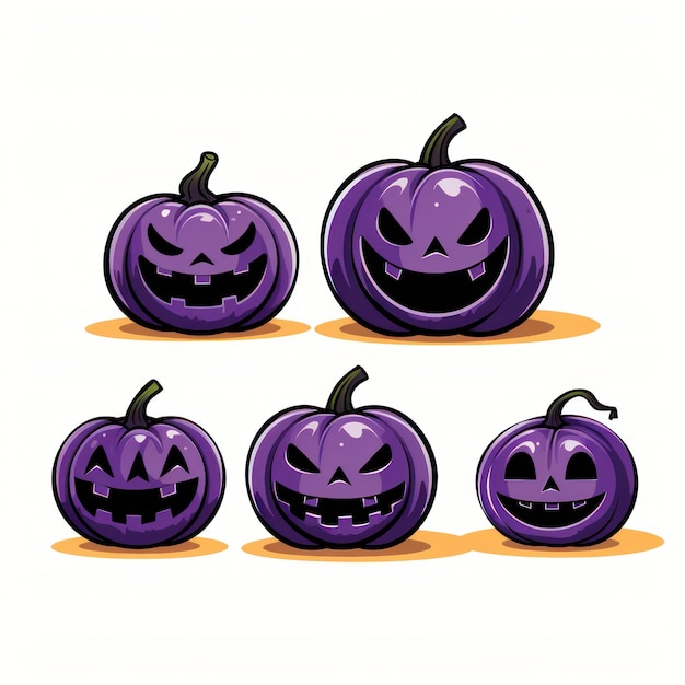 Des citrouilles violettes et noires avec des visages d'Halloween sur un fond blanc générées par l'IA