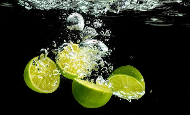 Citrus à la chaux éclaboussant avec des bulles dans l'eau isolée sur un fond noir